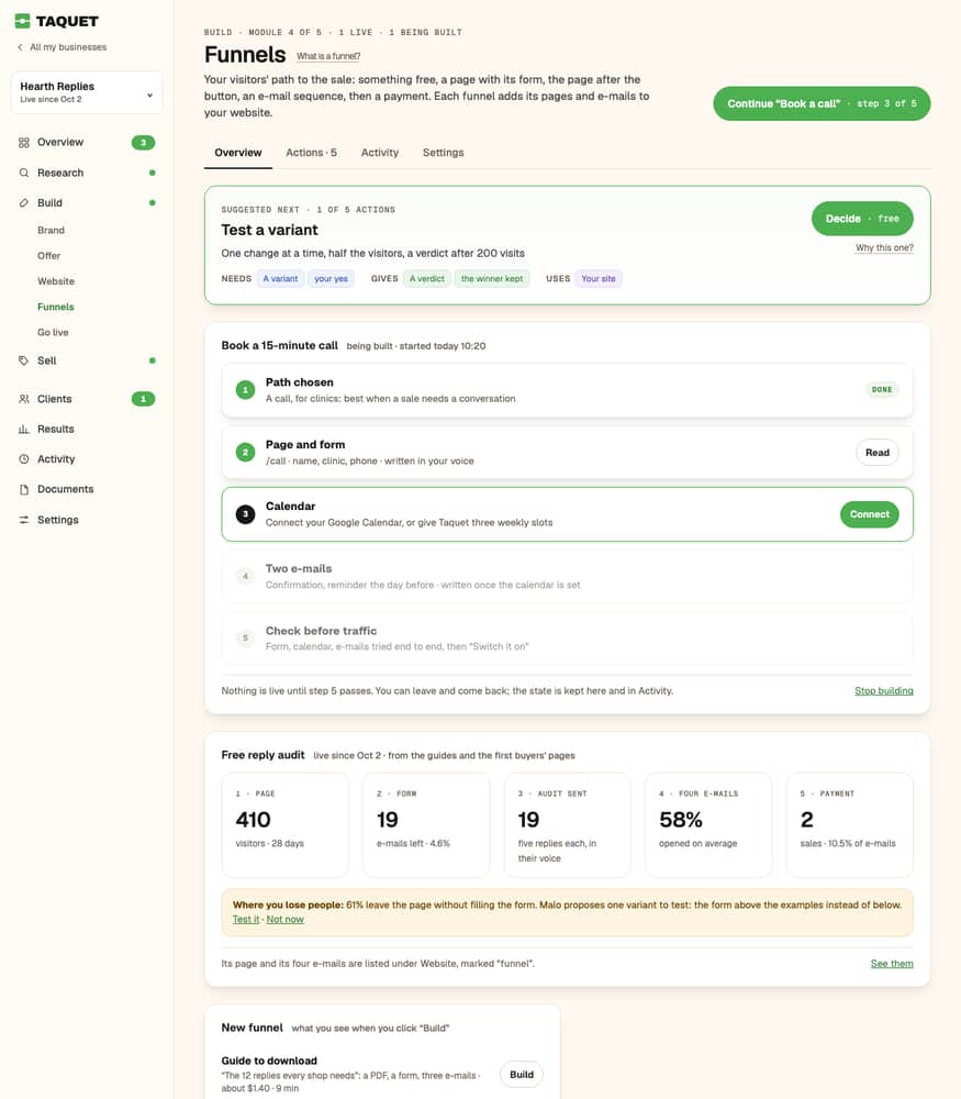 Funnels in Taquet: a page, a form, four e-mails, and the number of each step